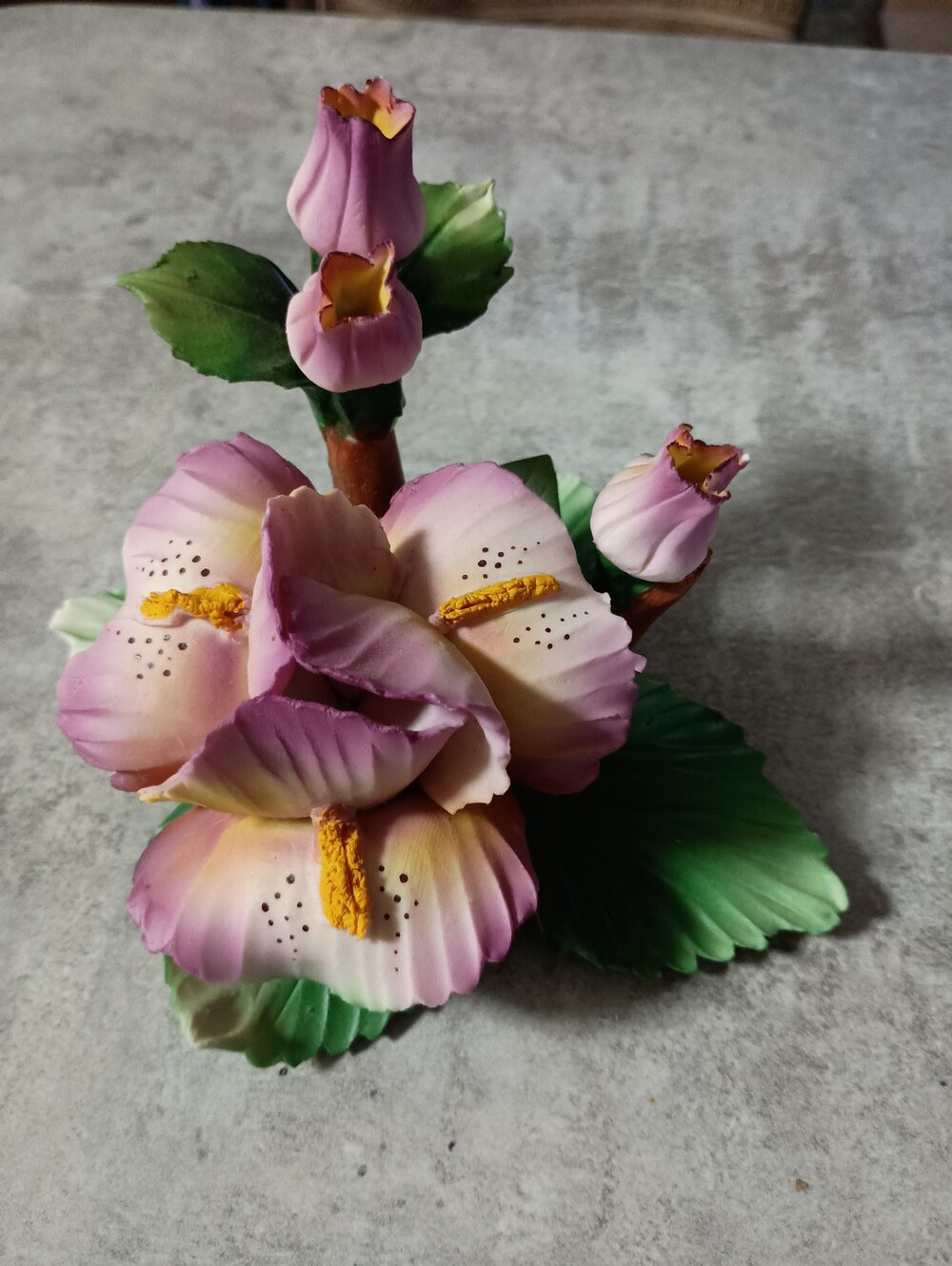 Fuchsia and Yellow Capodimonte Iris Flower with Green Leaves Made In Italy